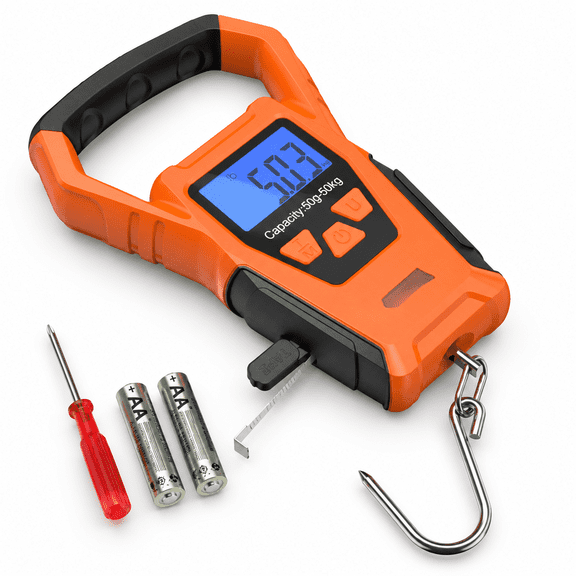 Digital Fish Scale, IPX7 Waterproof, 110lb/50kg Capacity with Built-in Measuring Tape