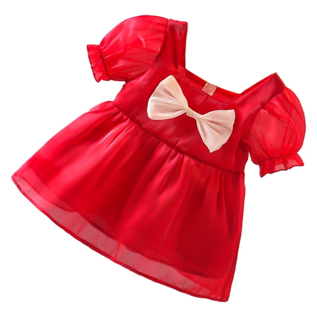 Vestido de niña de moda rojo de manga corta con lazo, vestido de princesa para cumpleaños, fiesta de bodas, 100 cm