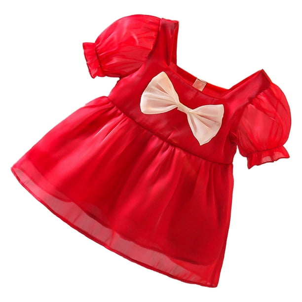 Vestido de niña de moda rojo de manga corta con lazo, vestido de princesa para cumpleaños, fiesta de bodas, 90 cm