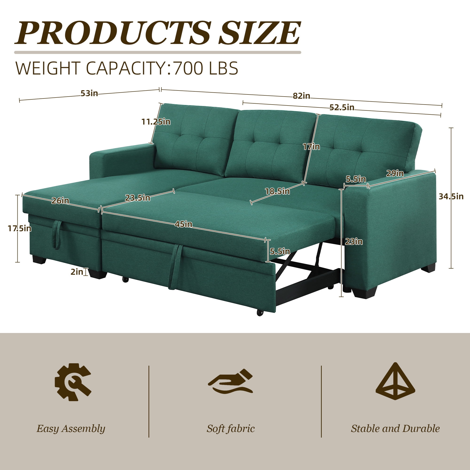 MOONMISS Sectional Sofa Bed with Storage and Soft Seat ,Reversible Pull Out Couch for Living Room,Green