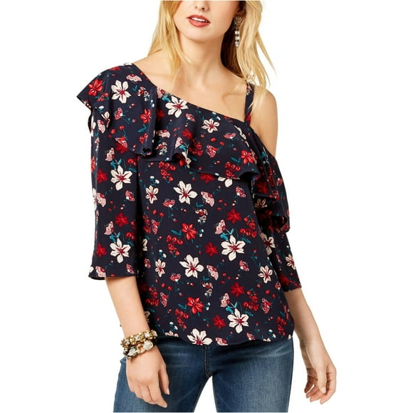 Rachel Zoe Womens Floral One Shoulder Blouse, Blue, Small