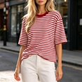 thumbnail image 4 of Summer Tops for Women Vacation Outfits Trendy Crewneck Striped Short Sleeve Shirts Loose fit Breathable T Shirts | CSEONE,Watermelon Red S, 4 of 8