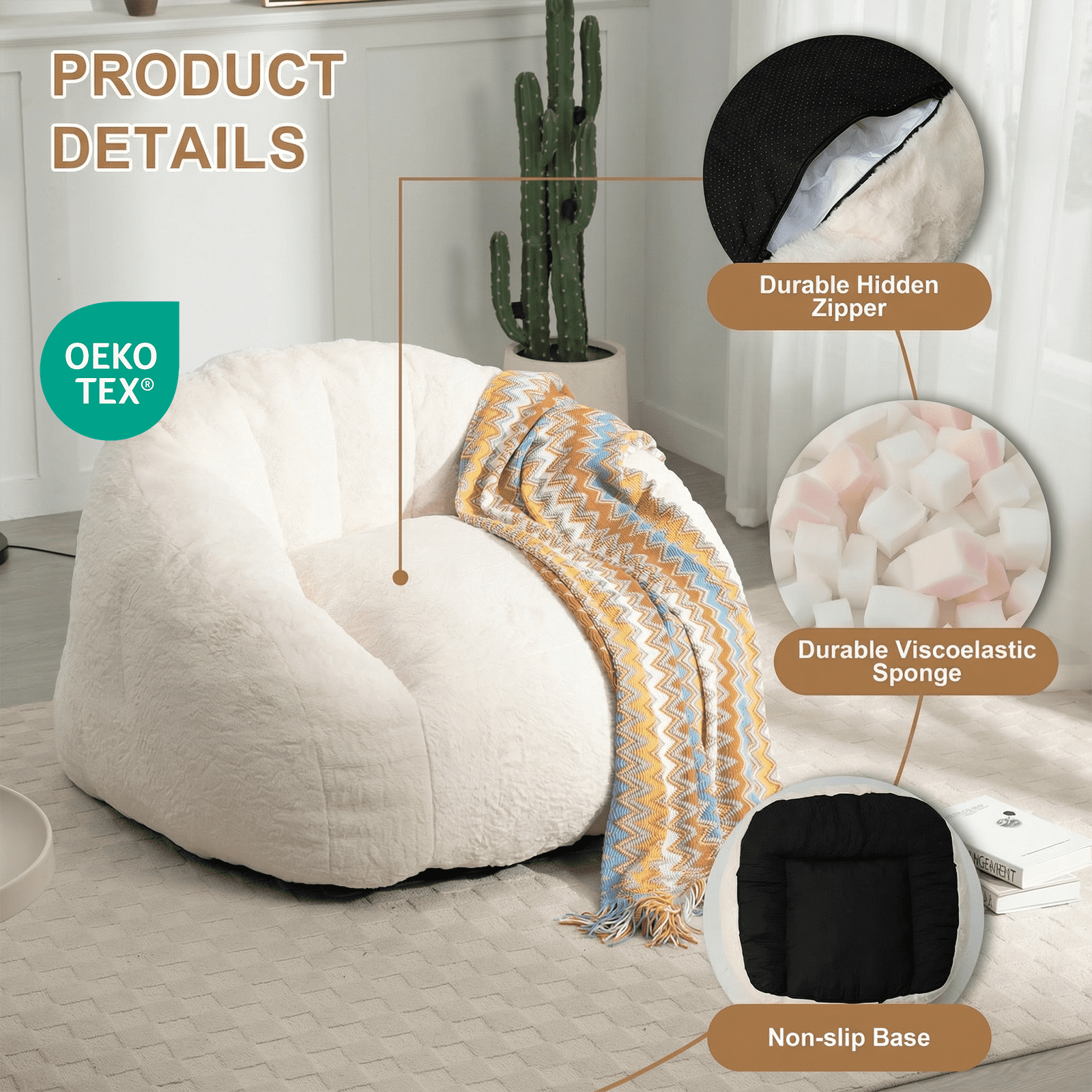 Ebenchico 3.9ft Bean Bag Chair for Adults Teens Kids, Shell Shape Faux Fur Beanbag Chairs, Memory Foam Filled Floor Chair for Reading, Gaming, Relaxing(White)