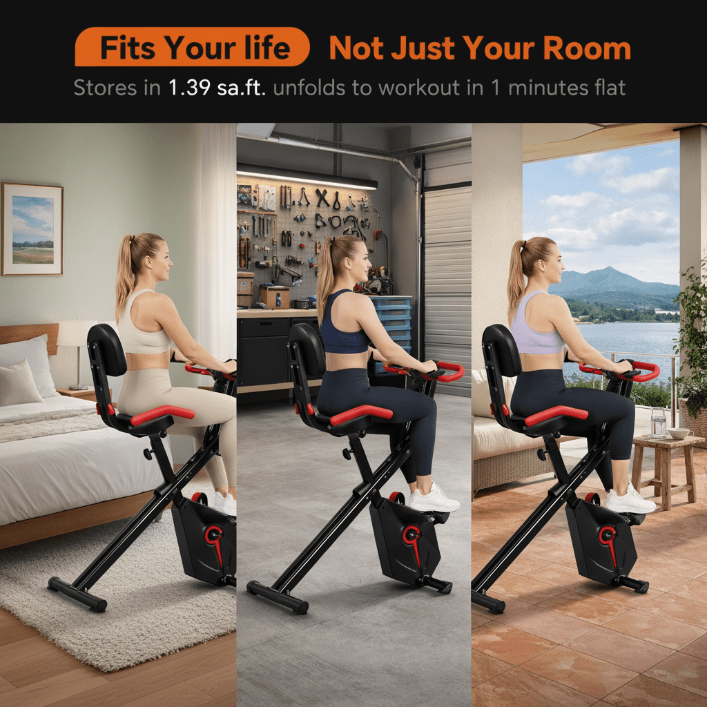 USLIM Foldable Magnetic Exercise Bike, Home Stationary Bike with Arm Resistance Bands, LCD Monitor, 300 lb Capacity