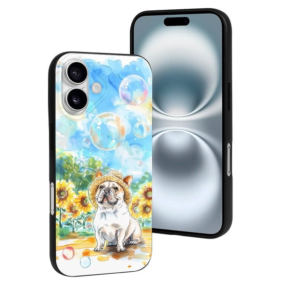 Compatible with Iphone 16 Case - Cute Soft French Bulldog Sunflowers Bubbles Silicone Case Compatible with Iphone 16 Phone Case for Women Men