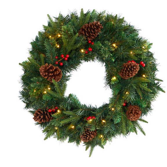 Nearly Natural 24in. Mixed Pine Artificial Christmas Wreath with 35 Clear LED Lights and Berries