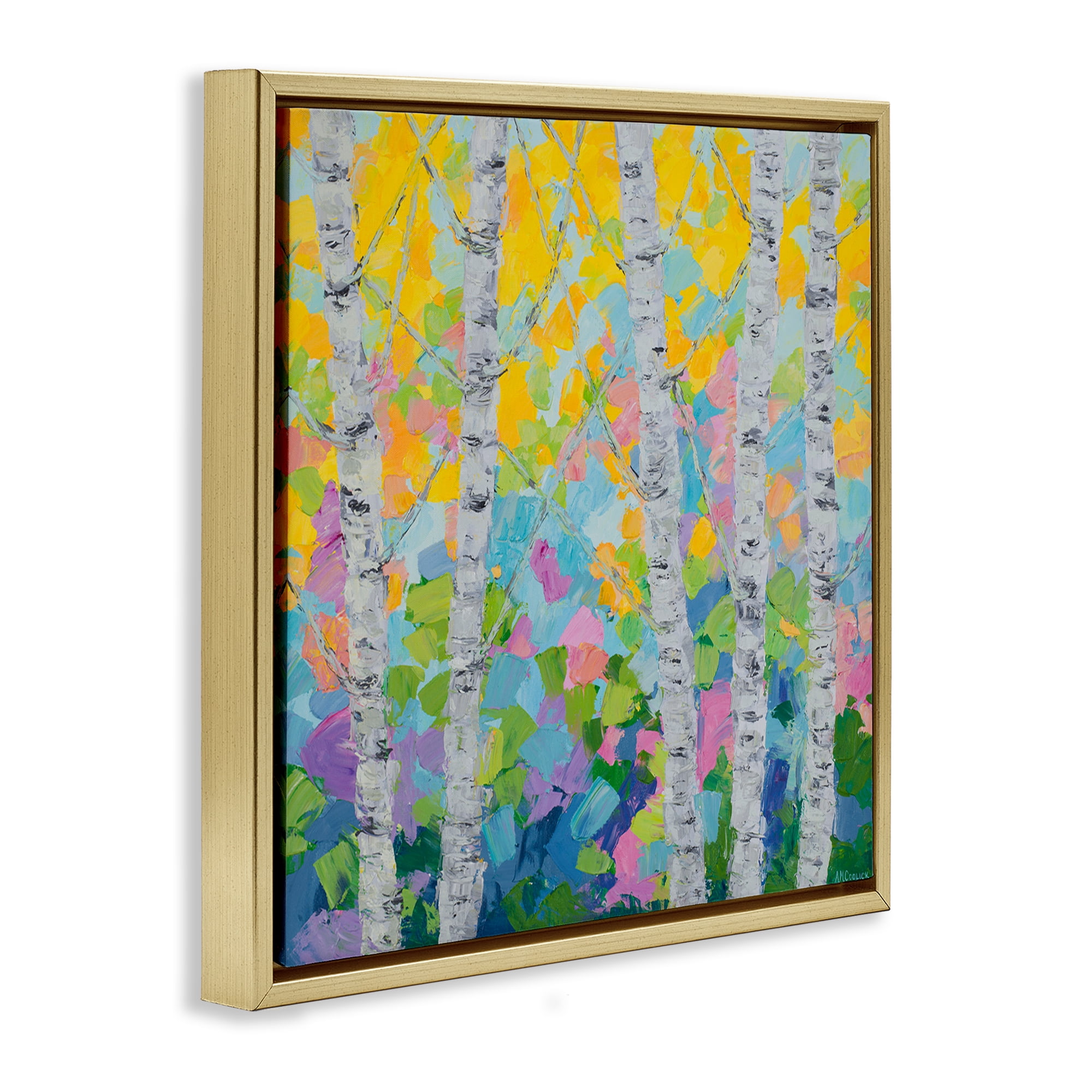 Stupell Industries Dancing Birch Tree Forest Landscape & Nature Painting Gold Floater Framed Canvas Art Print Wall Art, 18 x 18
