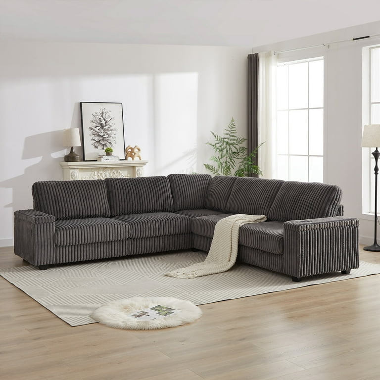 Corduroy Corner Sofa with 2 Storage Spaces USB Port and Cup holder 110 110 34.5 Grey Black