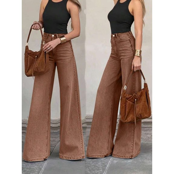 Womens Coffee Brown High-Waisted Wide-Leg Denim Jeans, Casual Flare Pants