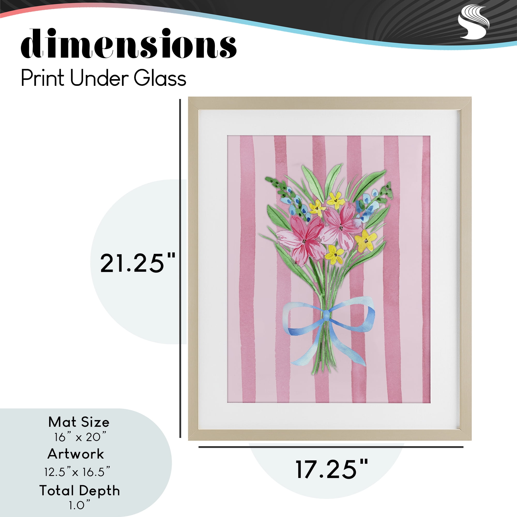 Spring Bouquet & Bow Stripes Birch Framed Print Under Glass, design by Nina Jacobs