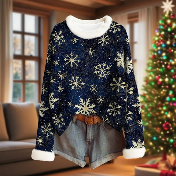 Craaazy Christmas Sweaters for Women Santa Printed Furry Crew Neck Christmas Printed Sweaters Gifts For Women