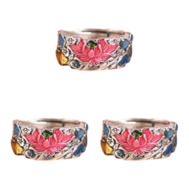 mmirethe National Ethnique Réglable Anneaux Unique Réglable Taille Facile à Porter en Alliage Créatif Lotus Fleur Réglable Anneaux Argent 3Set