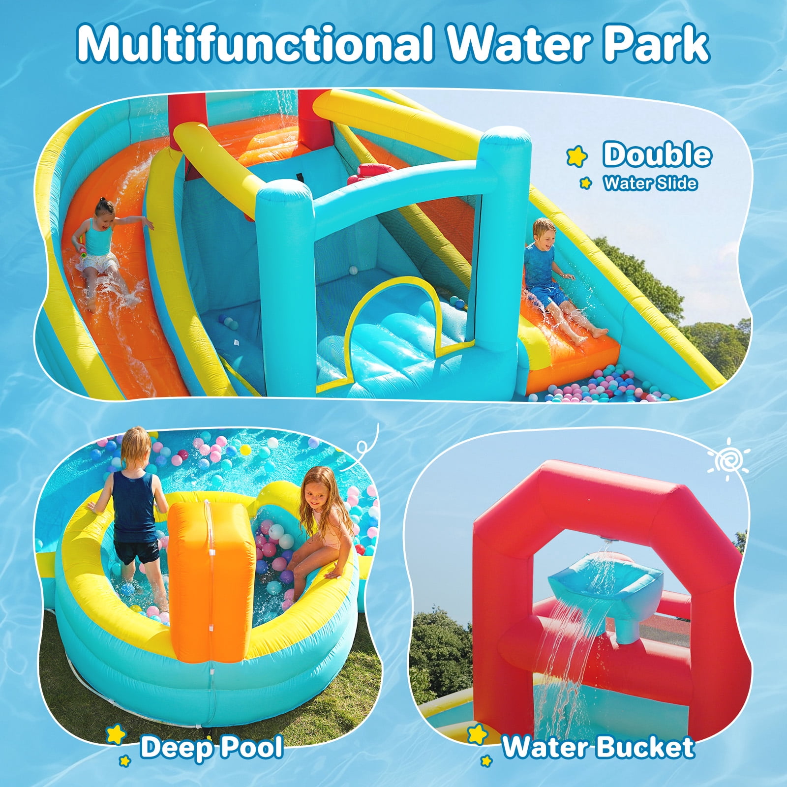 Patbrela 9 in 1 Large Inflatable Water Slide Bounce House ,211" x 104" x 143",With 750w Blower,2 Water Slides, 2 Water Blasters,Double Blow up Splash,Deep Pool,Basketball Hoop,Water Canon