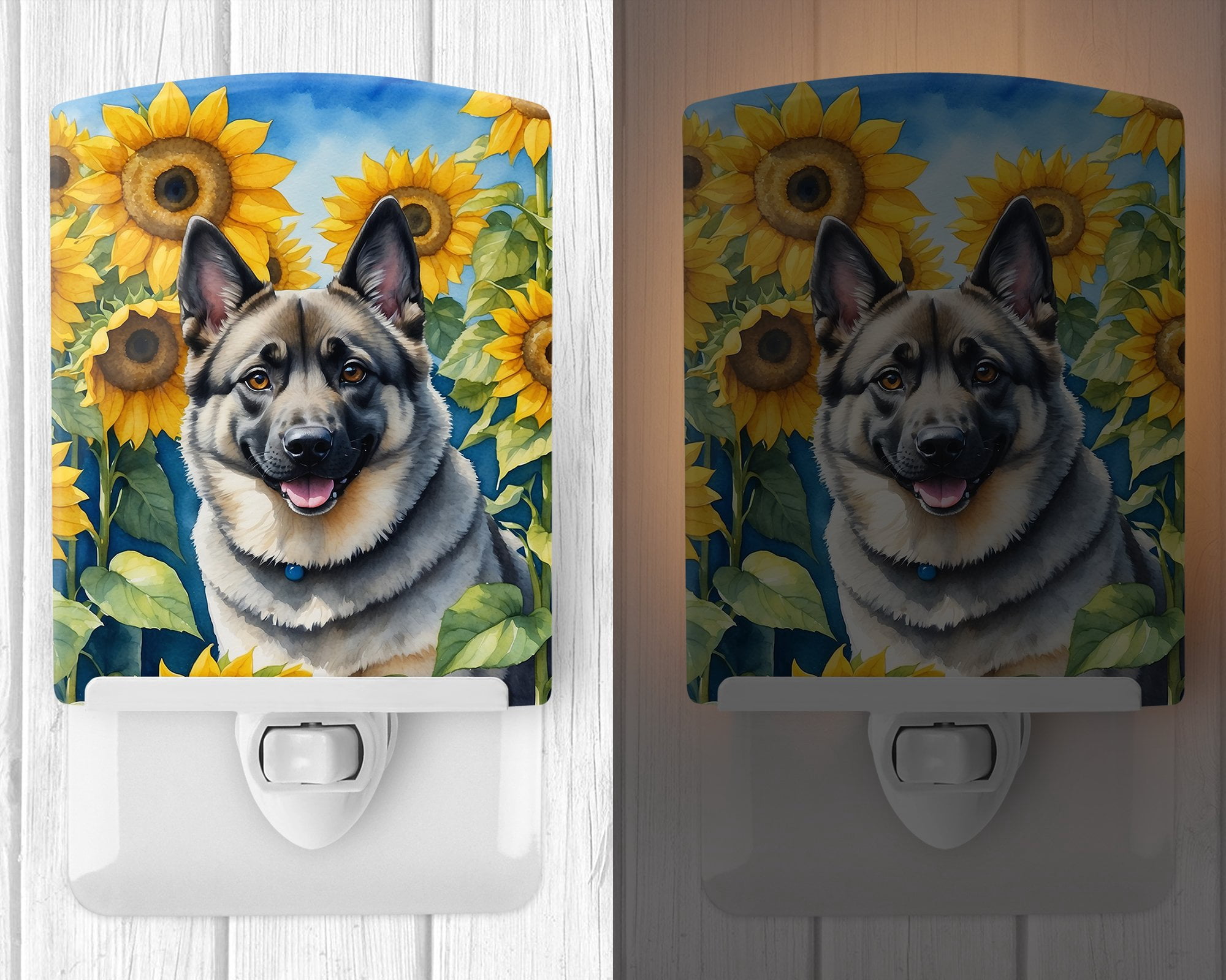 Norwegian Elkhound in Sunflowers Ceramic Night Light 4 in x 6 in