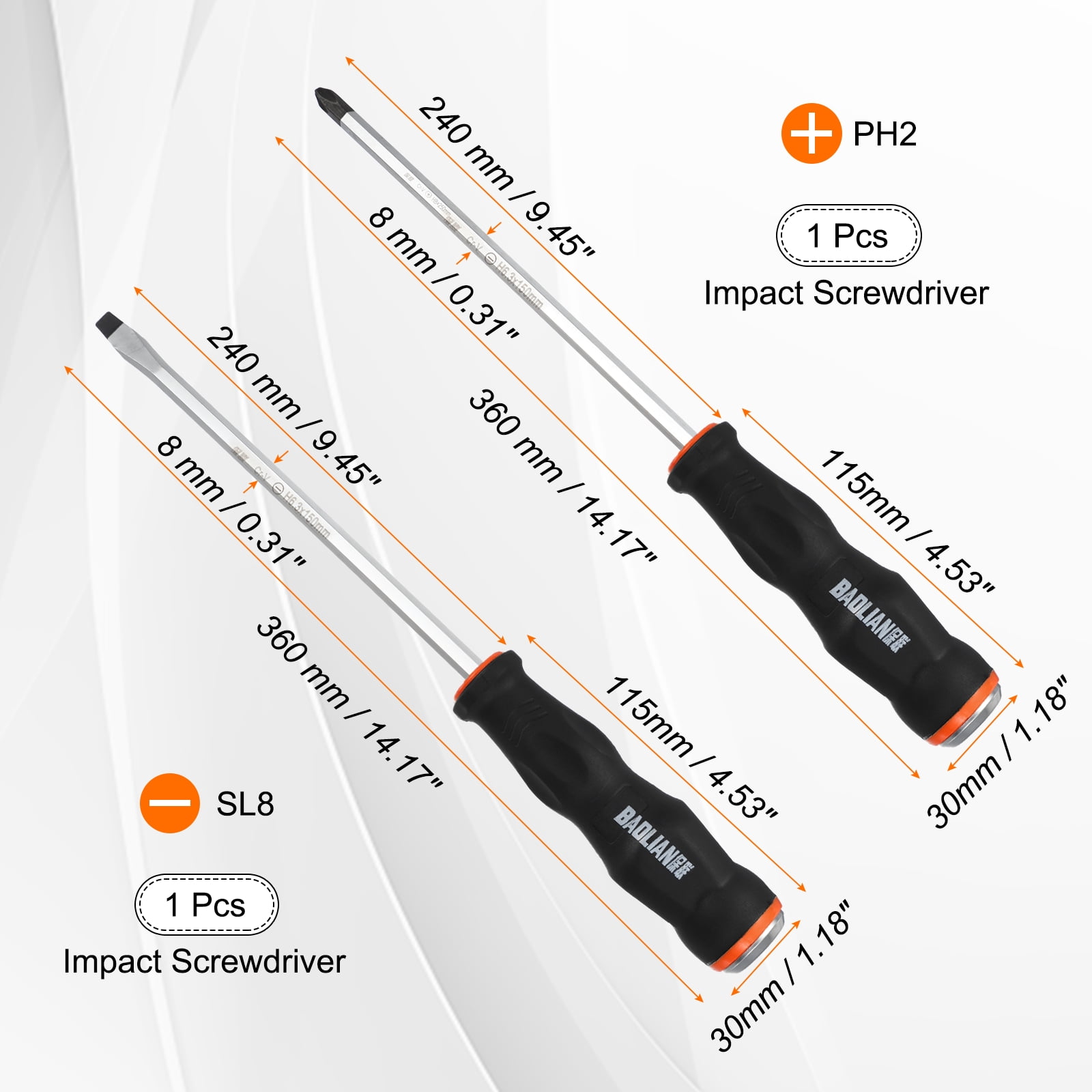 Uxcell 2Pcs Magnetic Screwdriver Set SL8/PH8 x 250mm CR-V Steel Go-thru Phillips Slotted Screwdrivers with Striking Cap for Industry and Automobile Repair
