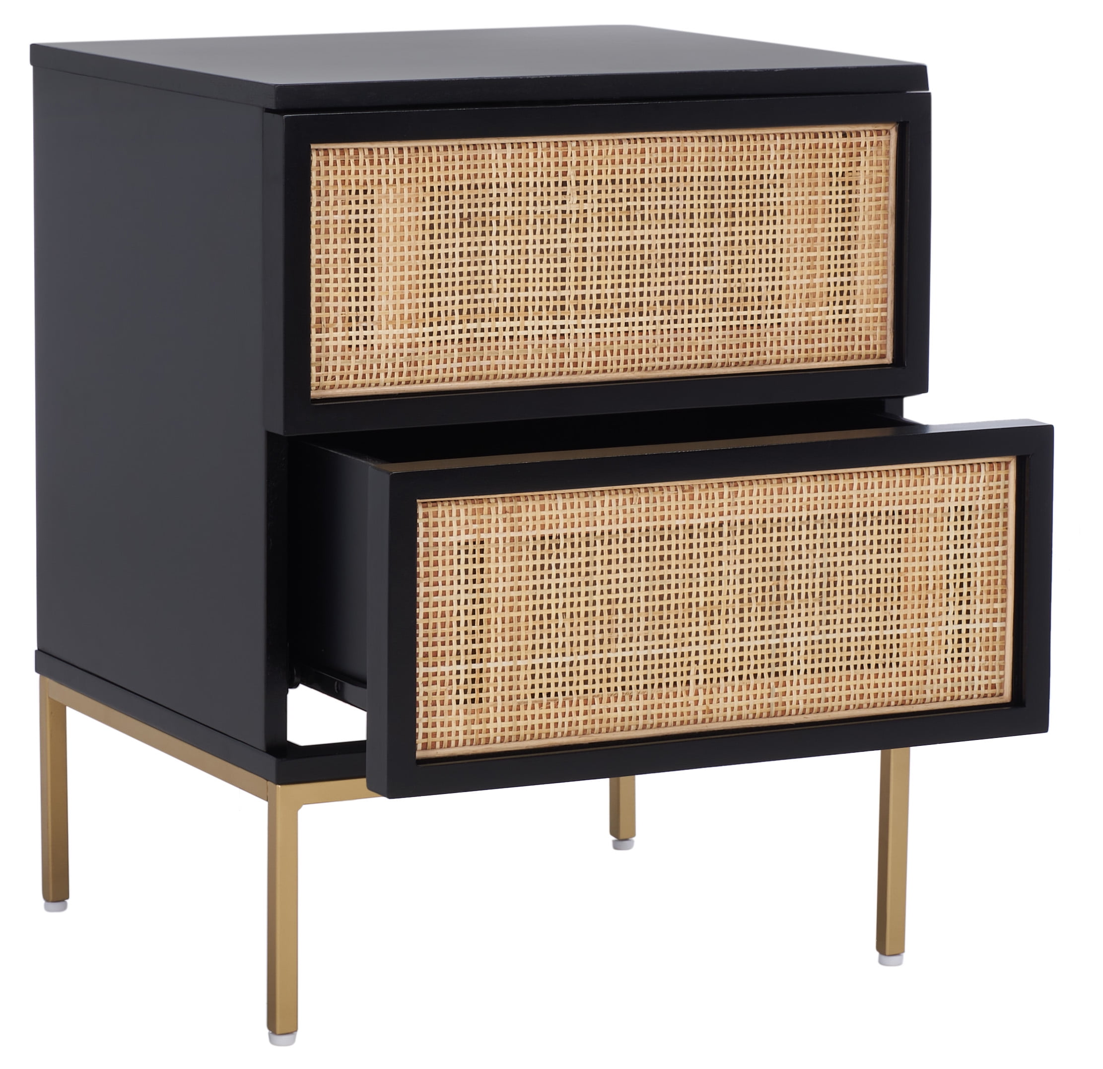 SAFAVIEH Zadie 2 Drawer Rattan Nightstand, Black w/ Natural Rattan/Gold Legs
