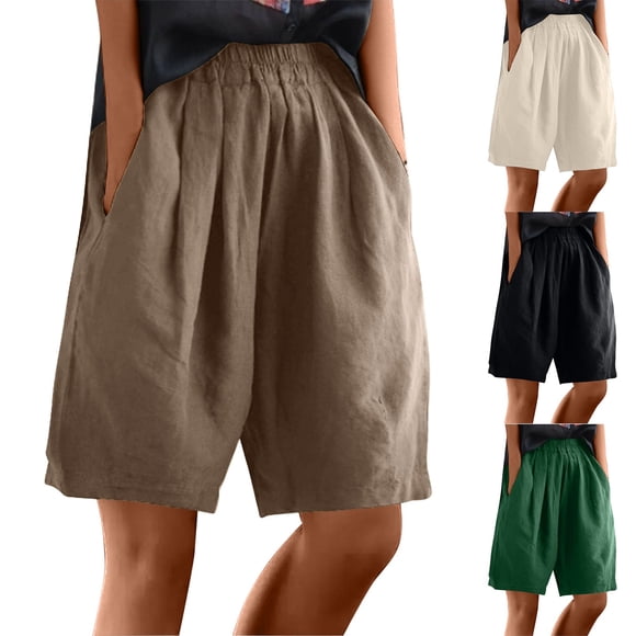 UNITWRY Linen Bermuda Shorts for Women High Waist Slimming Wide Leg Pants Vacation Active Workout Casual Loose Elastic Waist Summer Shorts