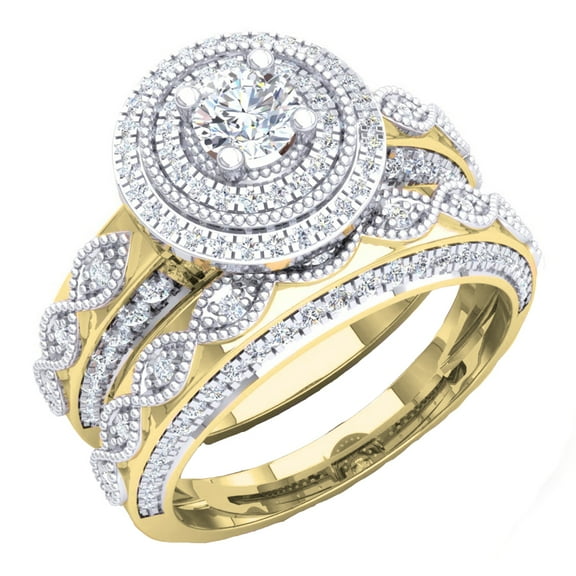 Dazzlingrock Collection 0.90 Carat (ctw) 14K Round Cut Diamond Halo Style Bridal Engagement Ring Set, Yellow Gold, Size 9