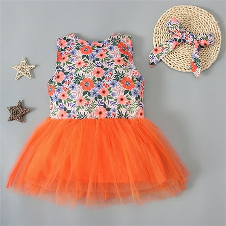 

dmqupv Dress Up Clothes For Little Girls Little Girls Cotton Dress Sleeveless Casual Summer Sundress Flower Printed Jumper Skirt Orange 12 Months