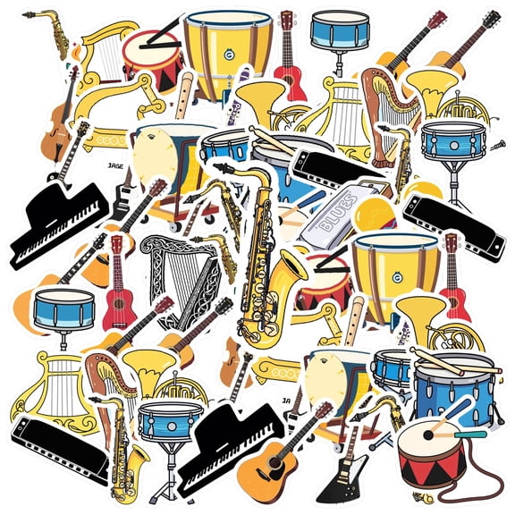 35pcs-50pcs Colorful Musical Stickers Cartoon Instrument Decals Guitar Stickers for Laptops Suitcases Phones