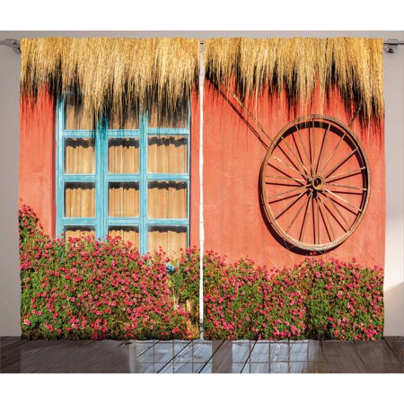 Barn Wood Wagon Wheel Curtains 2 Panels Set Country House In