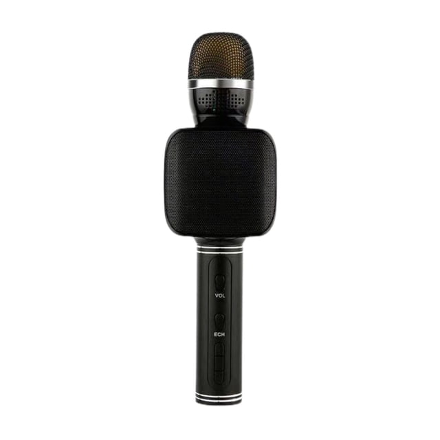 micrófono karaoke bluetooth gadgets and fun con lector de memoria usb y micro sd Negro, vista frontal centrada de micrófono inalámbrico tipo mano; cabezal con malla metálica dorada, altavoz cuadrado integrado en la sección media y mango con botones VOL y ECH visibles; lector para USB y micro SD y batería recargable de litio según especificaciones; ideal para fiestas y reuniones, también suele usarse para practicar voz en casa.