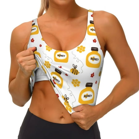 Qokaie Bees and Flowers Pattern Womens Scoop Neck Sports Bra Breathable Workout Vest Padded U Back Medium Impact Fitness Gym Yoga Bra Workout Crop Top