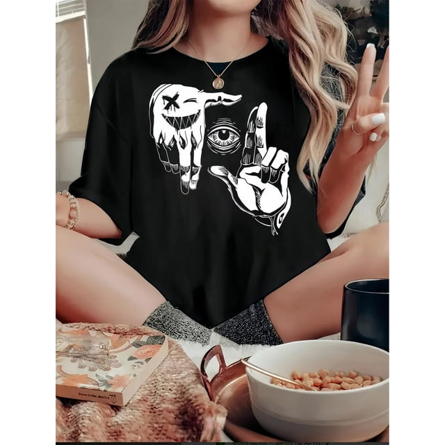 Women's Casual Crew Neck Short Sleeve T-Shirt, Polyester Blend (95% Polyester, 5% Spandex), Knit Fabric with Medium Stretch, Geometric Gesture Eye Pattern Print, Black Graphic Tee for All Seasons, Co