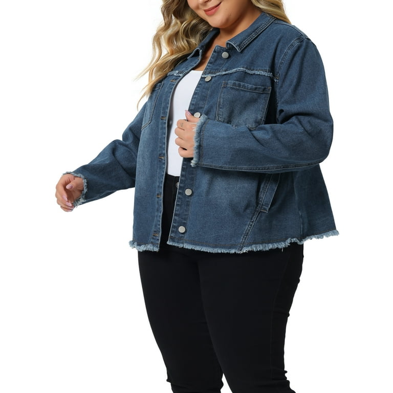 Agnes Orinda Women's Plus Size Long Sleeves Collarless Denim Jacket Blue 1X