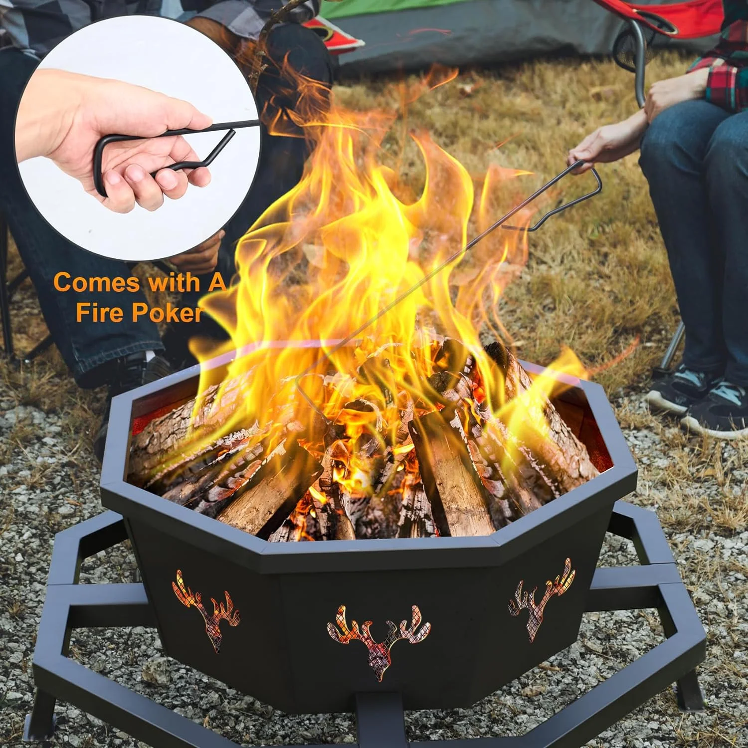 HAUXITIO Octagon Wood Burning Fire Pit,35" Outdoor Steel Firepit with Fire Poker for Patio, Backyard, Garden and Camping