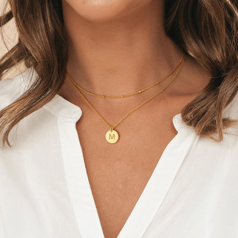 14K Gold Plated Coin Letter Bar Stacking Layer Necklace For Women Gold Initial Layered Necklaces for Women, 14K Gold Plated  main image 4