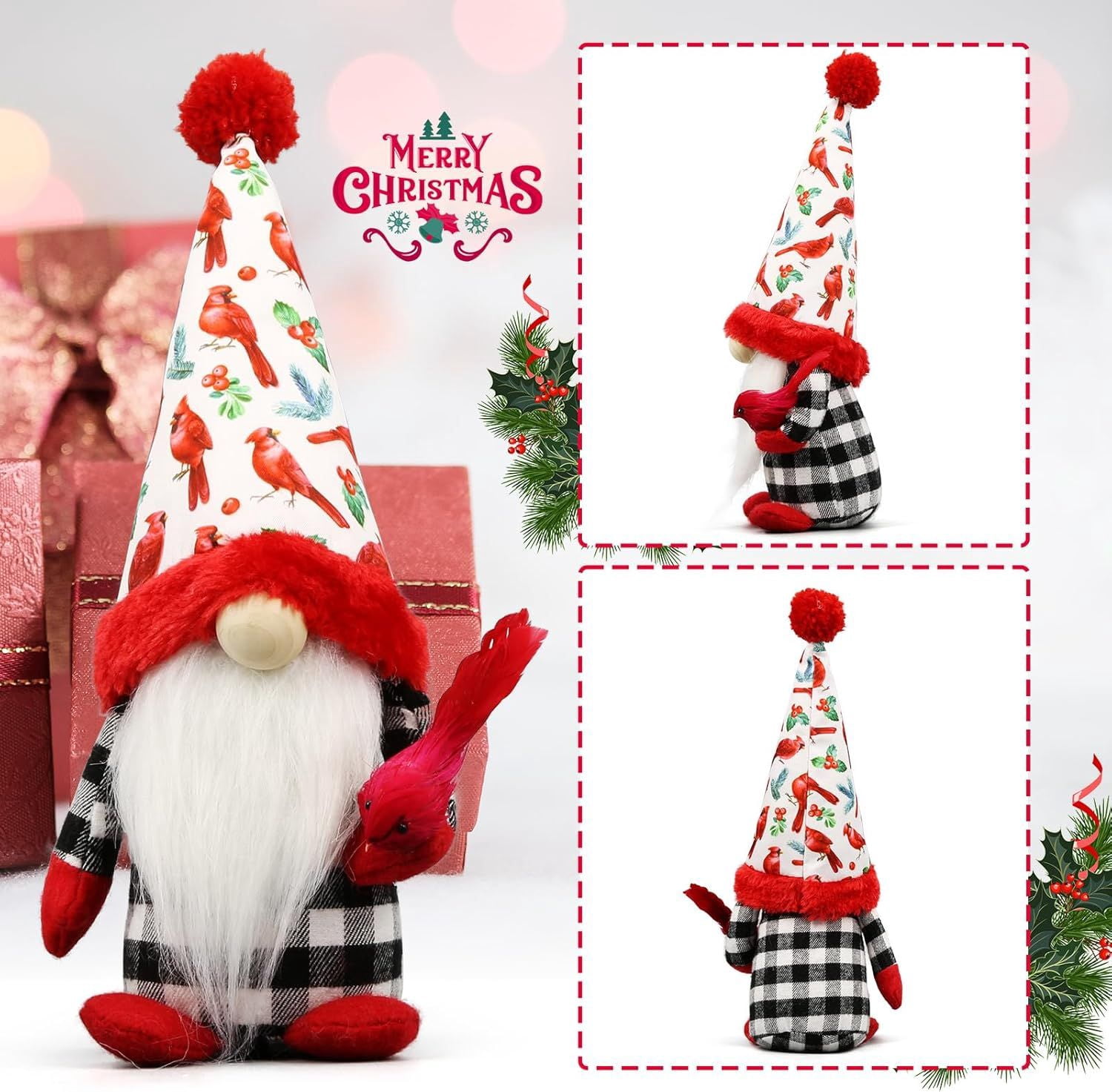 Christmas Red Cardinal Gnomes Decorations for Home, Indoor, Office- Xmas Gnomes Plush Doll - Christmas Elf Decoration Swedish Tomte - Red Cardinal Decor for Table - Gnomes Gifts for Women