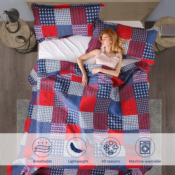 Plaid Quilt Set Size Red Blue White Patchwork Quilt with 2 Pillow Shams - Reversible Soft Lightweight Bedding for Home Decor