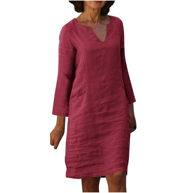 AherBiu Robes à Manches Longues pour Femmes Col en V en Coton Lin Léger Robe Midi d'Été
