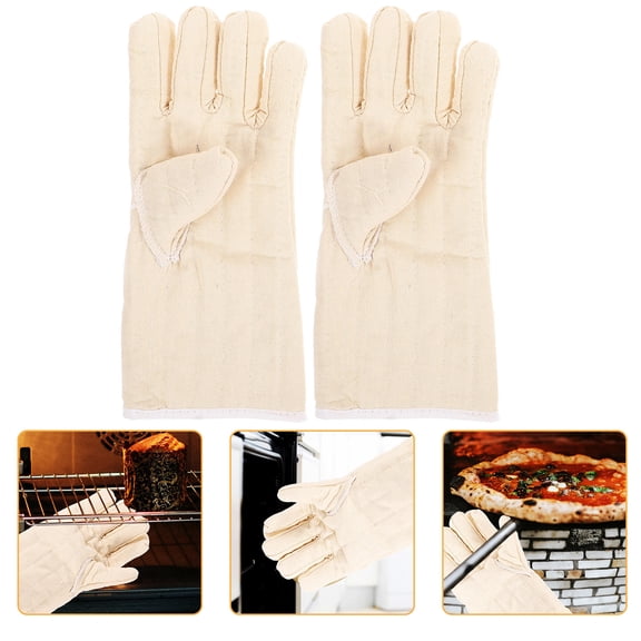 WESIEVYA Beige Canvas Oven Gloves, Kitchen Cooking BBQ Baking Mitts for Hand , Non- Grip, Home Use