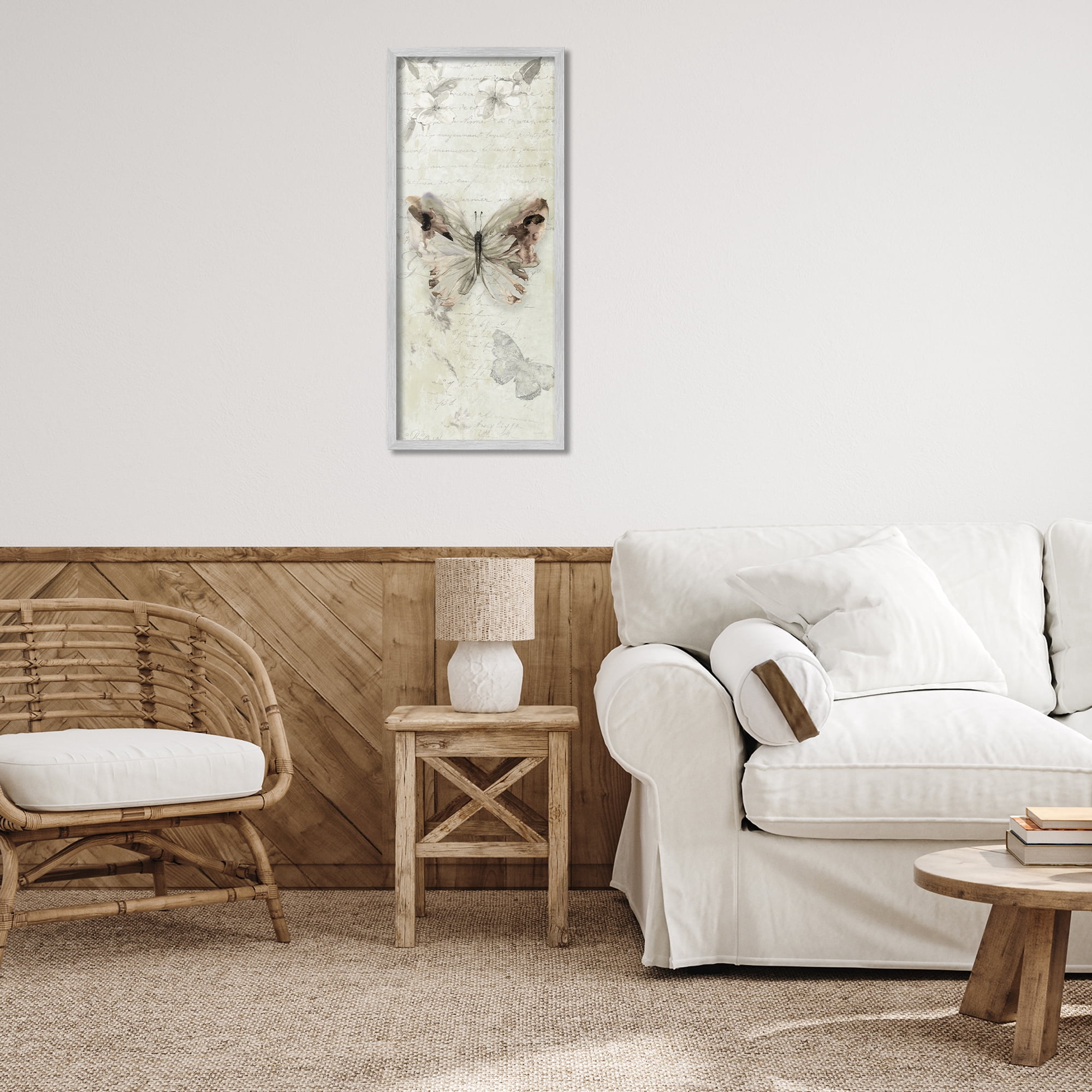 Stupell Industries Timeless Butterflies with Cursive Animals & Insects Painting Gray Framed Art Print Wall Art, 13 x 30