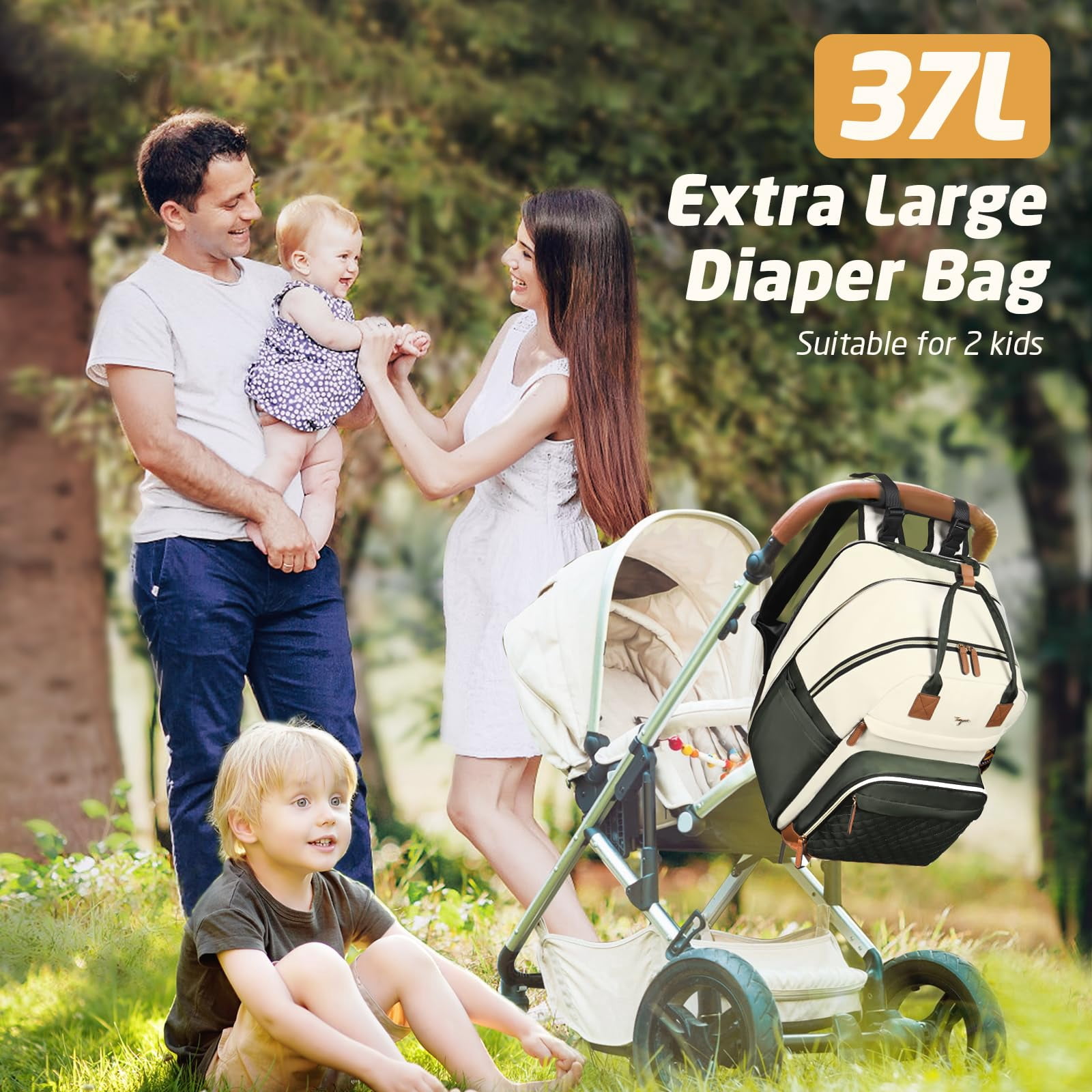 Diaper Bag Backpack, Extra Large for Twins & 2 Kids, Expandable 25‑37L Travel Baby Bag with Changing Pad & Earphone Hole, Apricot Green