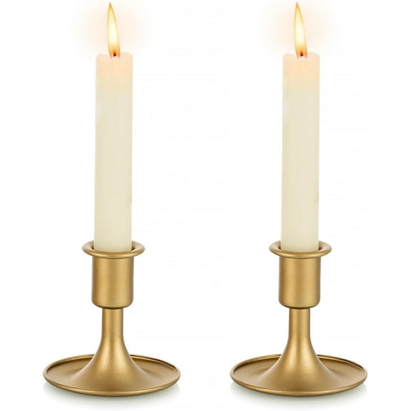 Gold Taper Candle Holder Set of 2, Hewory Short Skinny Brass Candlestick Holders, Vintage Small Low Metal Candles Sticks for Wedding Centerpieces Christmas Birthday Party Holiday Dinning Table Decor