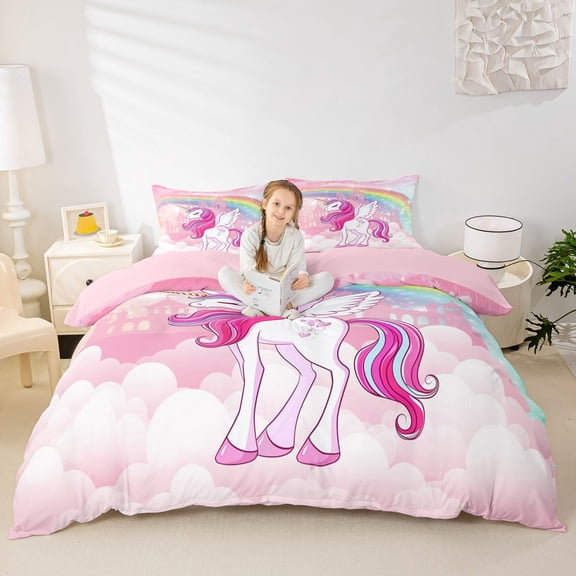 Erosebridal Cute Unicorn Comforter Cover,Fairy Castle Silhouette Bedding Twin Size,Rainbow Galaxy Starry Duvet Cover Twin For Girls,Ultra Soft Bedroom Decorative Reversible,2 Pieces(No Comforter)