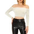 thumbnail image 1 of INSPIRE CHIC Women's Boat Neck Long Sleeve Off Shoulder Cropped Velvet Blouse S Beige, 1 of 6