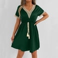 thumbnail image 4 of Efsteb Womens A line V Neck Dress with Pockets Solid Color Short Sleeve Waist Retraction Dress (Green,L), 4 of 7