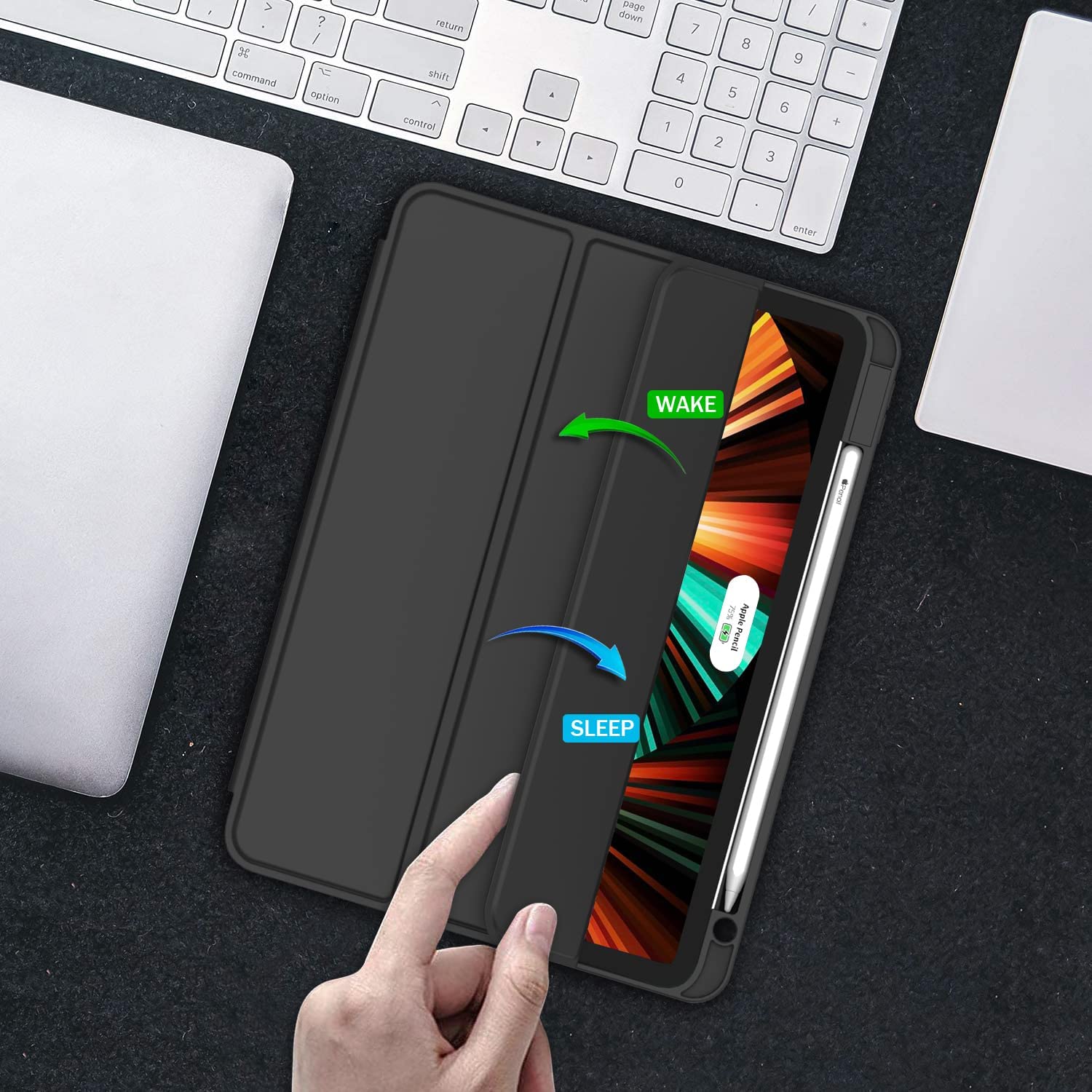HCTian New iPad Pro 12.9 Inch Case 2022/2021/2020(6th/5th/4th Gen) with Pencil Holder,Smart Case [Support Touch ID and Auto Wake/Sleep] with Auto 2nd Gen Pencil Charging