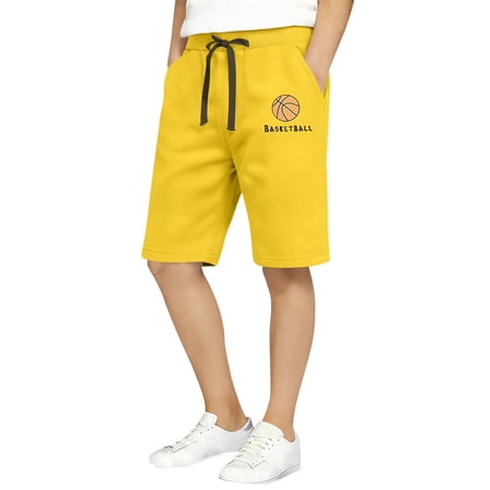 Spazoro Boys School Uniform Shorts with Pockets Elastic Waist Drawstring Basketball Print 100%Cotton Casual Short for Kids Yellow Size 5-6