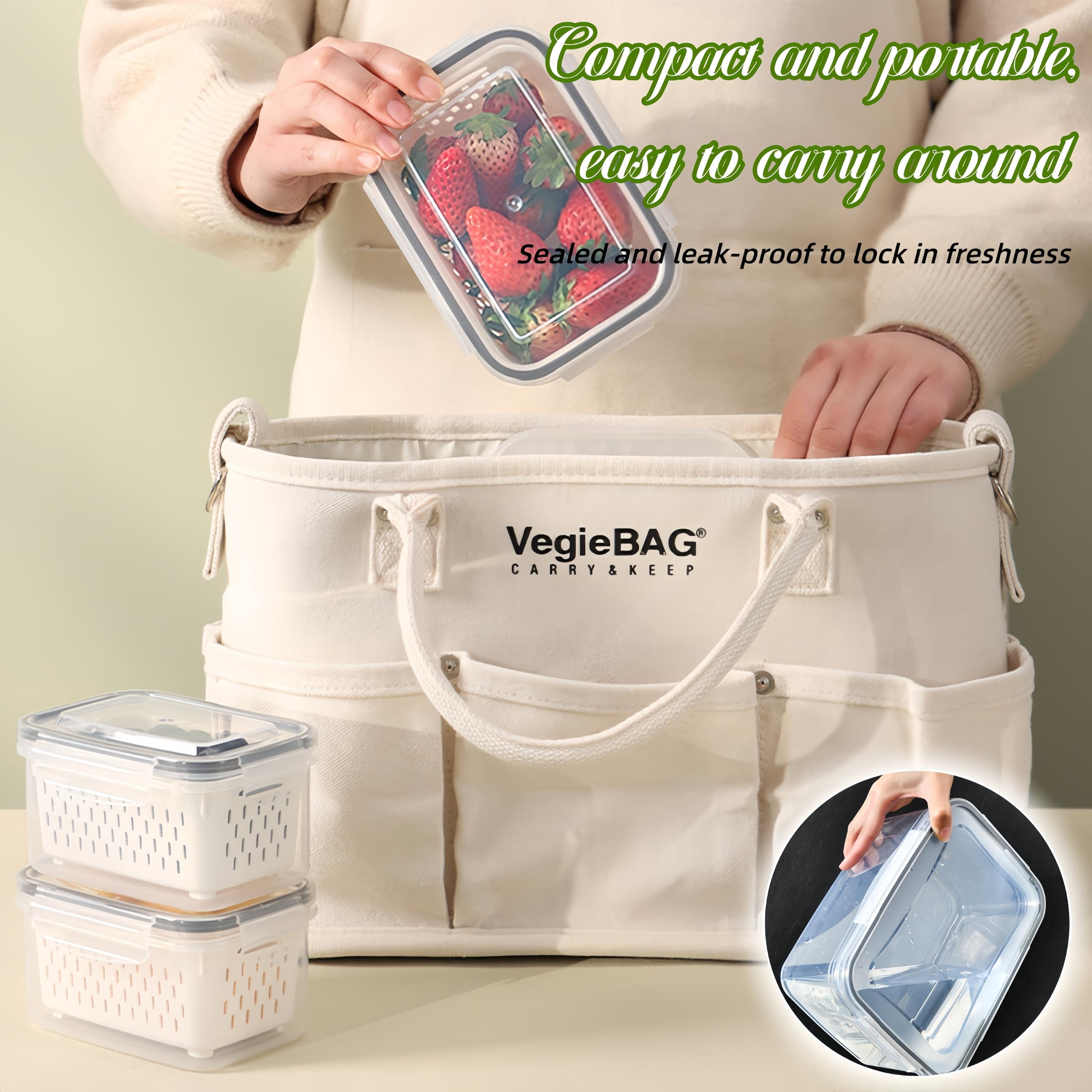 Fruit Storage Containers for Fridge, 4 in 1 Food Storage Container with Removable Colander, Airtight Produce Saver, Stackable Fridge Organizer for Wash, Drain & Store
