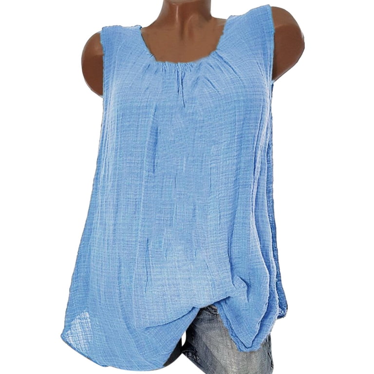 Women's Summer Sleeveless Tank Top - Loose Fit Crew Neck Boho Style Top In Cotton Linen Blend, Size Large