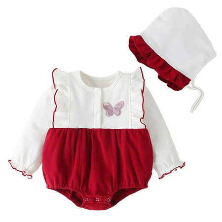 

ZRBYWB Baby Girls Romper Spring Summer Bow Tie Long Sleeve Fashion Indoor Outdoor Hat Romper Bodysuit Birthday Clothing