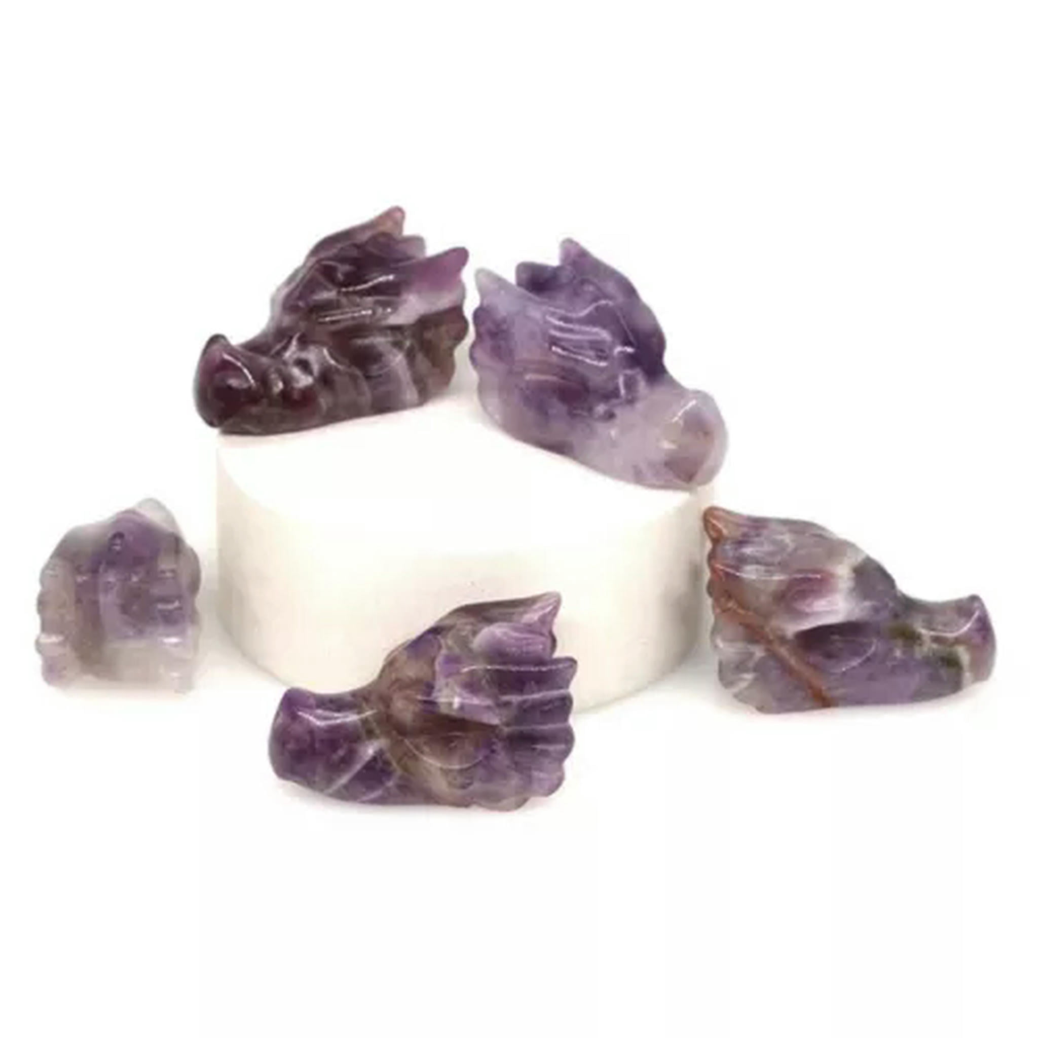 EOEMY 1.5’’ Natural Quartz Crystal Lifelike Dragon Head Skull Skeleton Figurine Gift- Amethyst Quartz-5Pcs