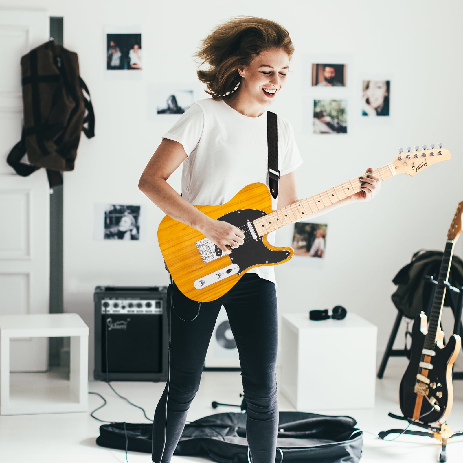 Private Jungle Fingerboard Electric Guitar with 20W Amplifier Bag Strap Plectrum Connecting Wire Spanner Tool,Transparent Yellow