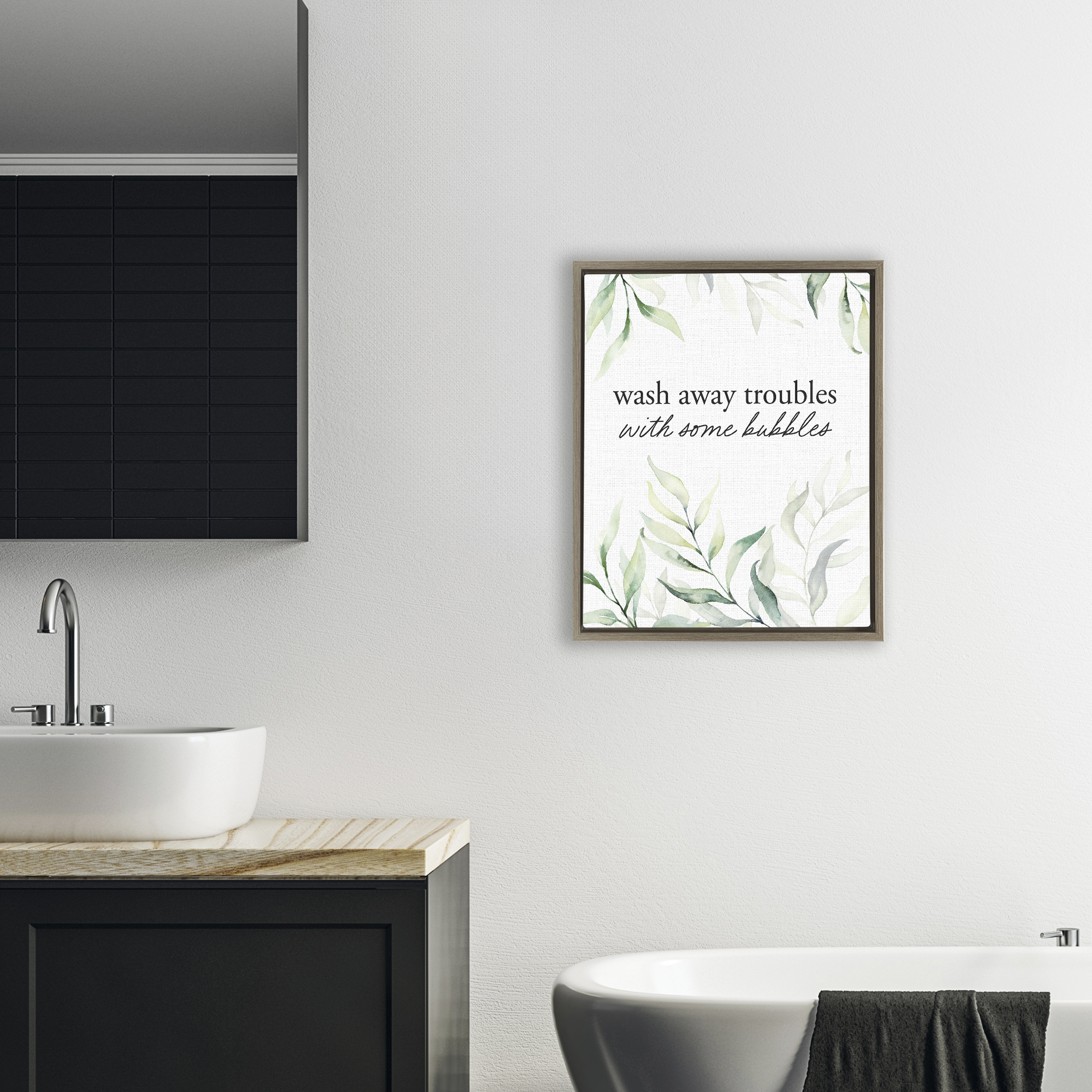 Zen Wash Away Troubles Brown Framed Floater Canvas Wall Art, design by Lettered and Lined
