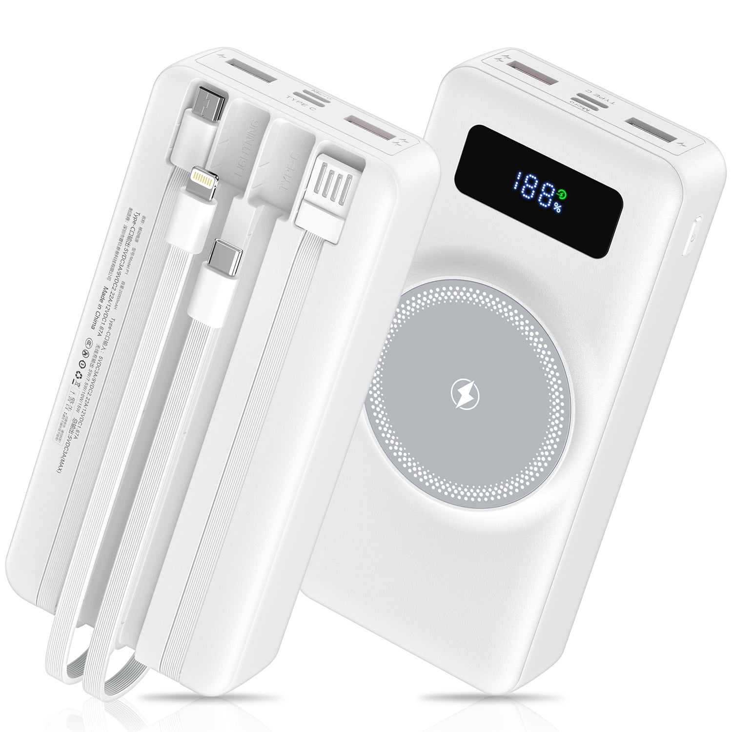 Magnetic Portable Charger Power Banks for iPhone Cell Phones with Built in Cables,HopePow 20000mAh LED Power Display Charging Banks Compatible with iPhone 16 Plus/Pro Max/15//14 Series,Android,White